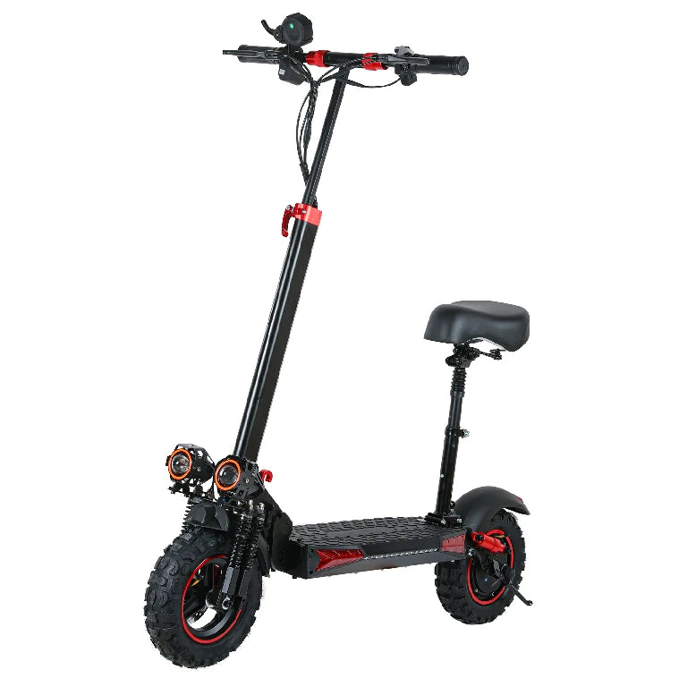 Black electric scooter with a seat on a white background