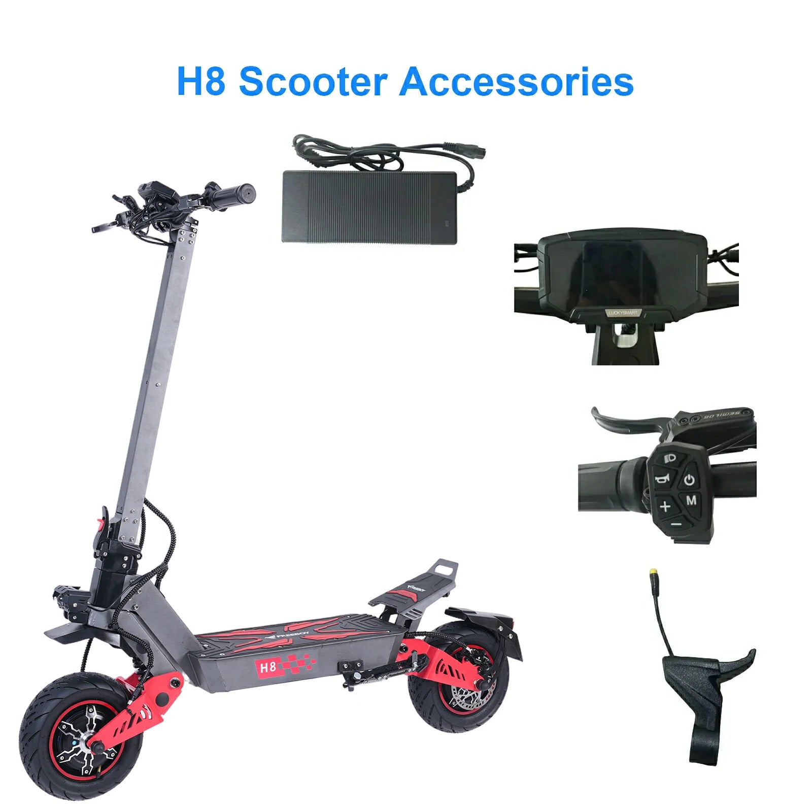 H8 scooter accessories including a scooter, power adapter, rearview mirror, handlebar controls, and throttle on a white background.
