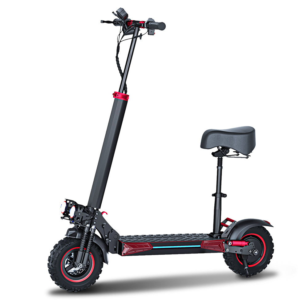 Black FREEBOY J11 Plus Electric Scooter with a seat and off-road tires, featuring red accents.