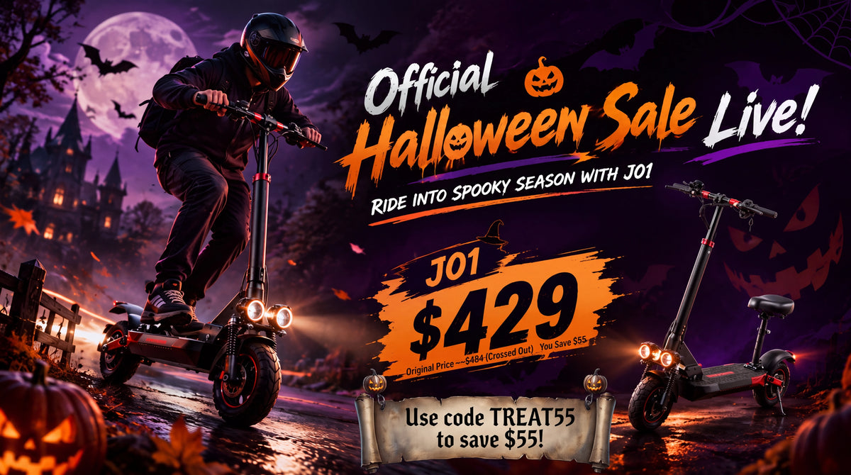 a man riding freeboy J01 ,TXT SHOING HALLOWEEN SALE