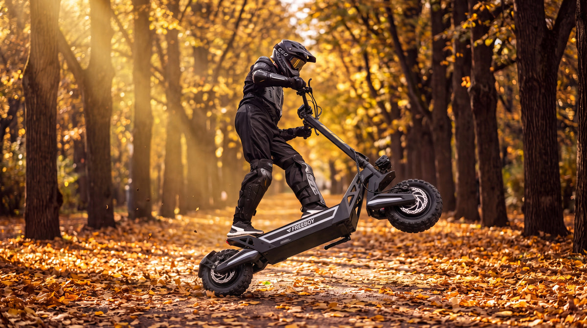 FREEBOY J2MAX electric scooter ridden on an autumn forest trail