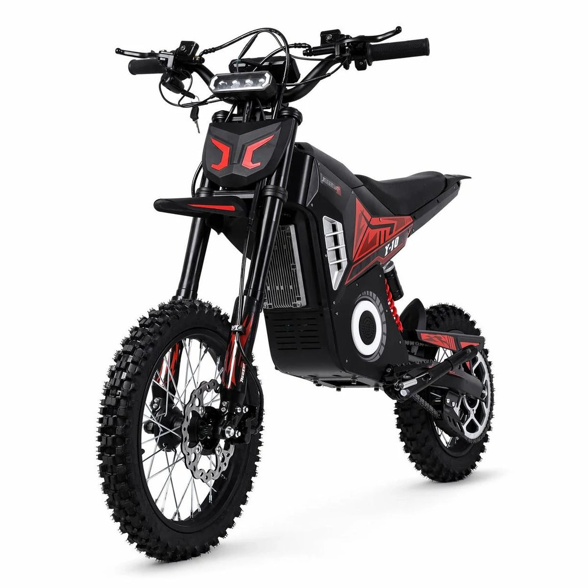 A black and red electric dirt bike with knobby tires, a high handlebar, and a front LED light bar, shown on a clean white background.