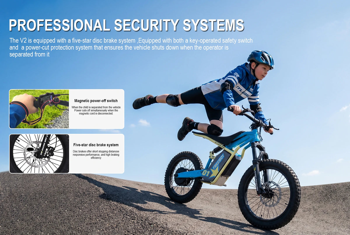 Child riding a v2 e-dirt-bike with safety features highlighted on a clear day.