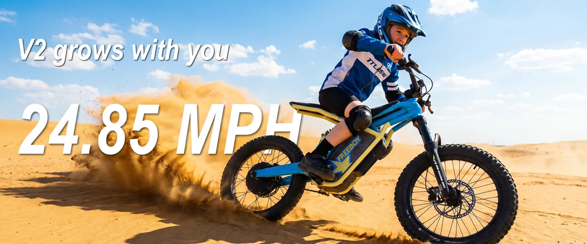 Child riding a v2 dirt bike on sand with text indicating speed 24.58 mph
