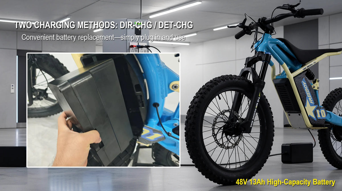 Electric bike with charging method demonstration and battery replacement shown.