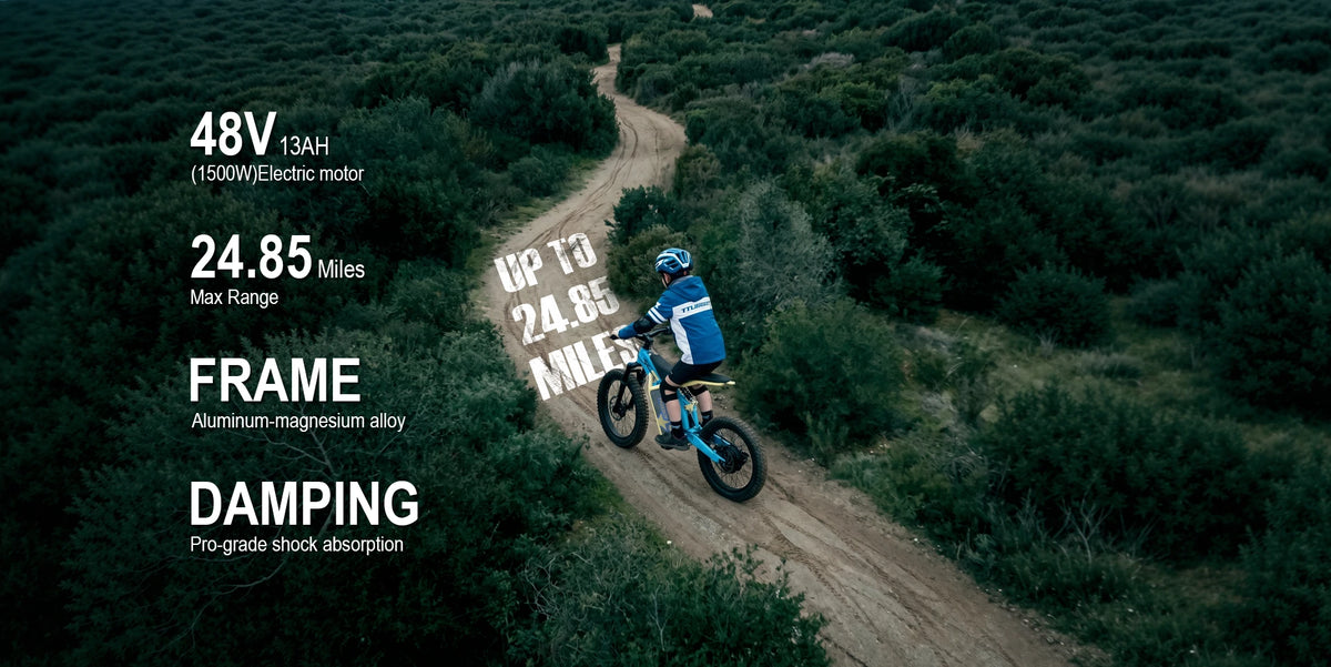 Person riding a bike on a trail with technical specifications overlayed ,including 1500w motor,24.5mile range,frame