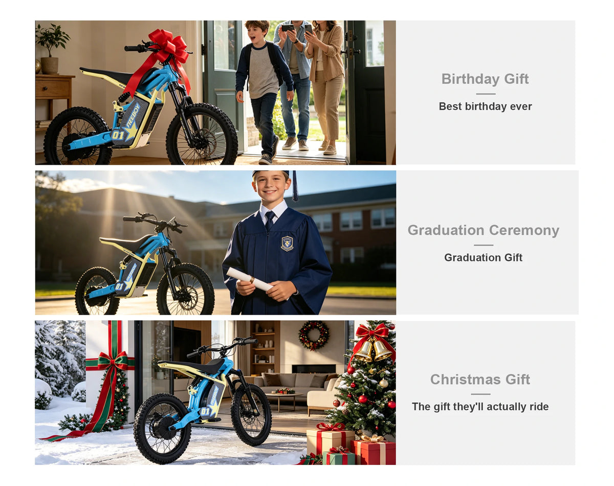 V2 E-dirt bike shown in different settings for gift occasions: birthday, graduation ceremony, Christmas gift