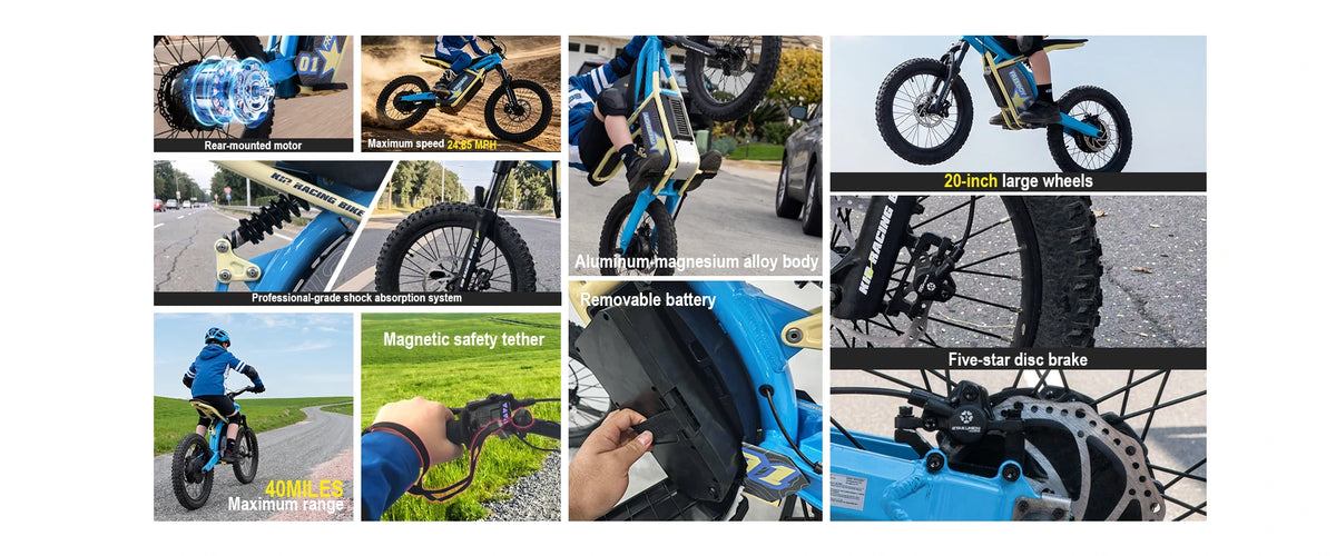 Collage of images showcasing features of a children's electric bike.