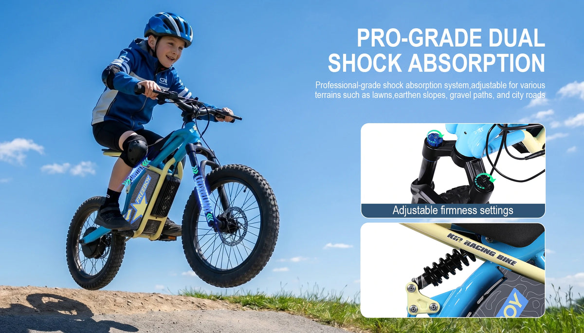 Child riding a V2 blue balance bike on a clear day with text highlighting pro-grade adjustable dual shock absorption