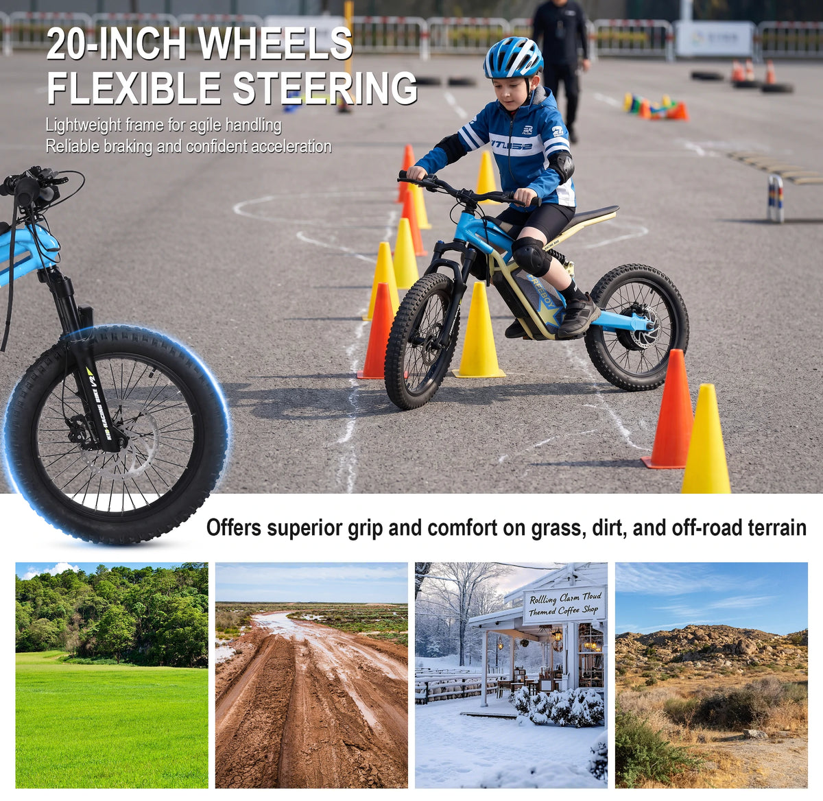 Child riding V2 e-dirt-bike with 20-inch wheels through traffic cones on an asphalt surface, with text highlighting bike features.