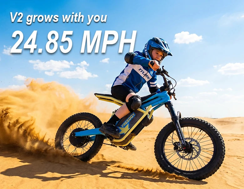 Child riding a blue bike in the desert with text indicating speed and growth.