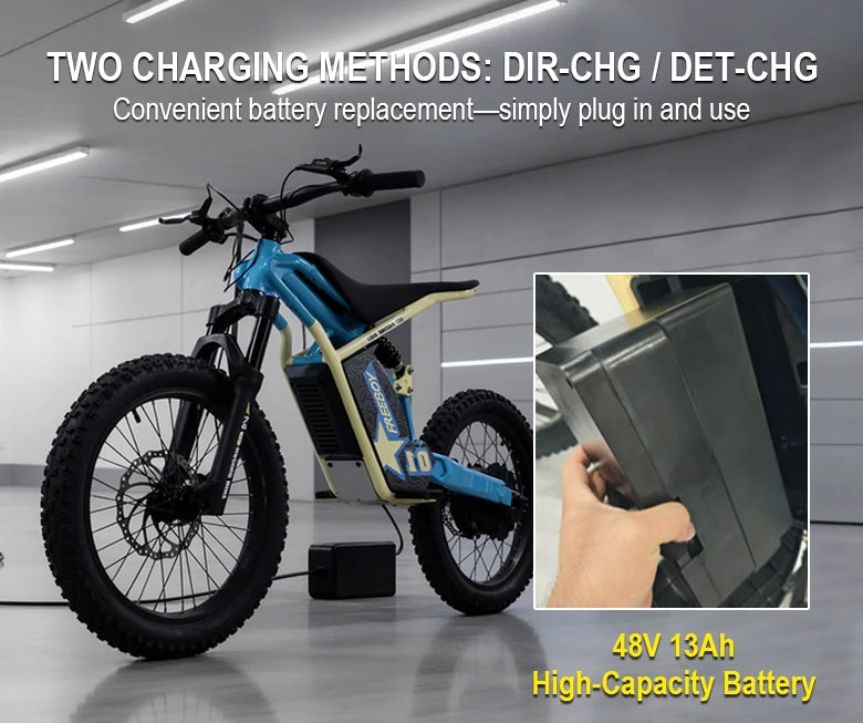V2 electric bike showing dual charging methods and 48V 12Ah battery capacity on a modern indoor background