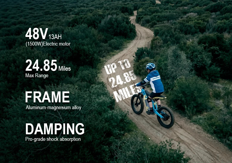 Person riding a V2 e-dirt bike on a green grass trail with product specifications overlay showing battery, range, and frame details
