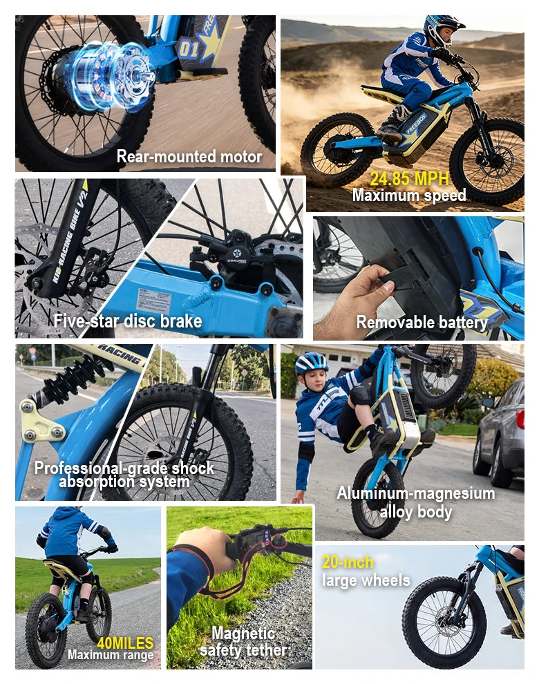 V2 E-dirt bike shown in different settings for gift occasions: birthday, graduation ceremony, Christmas gift