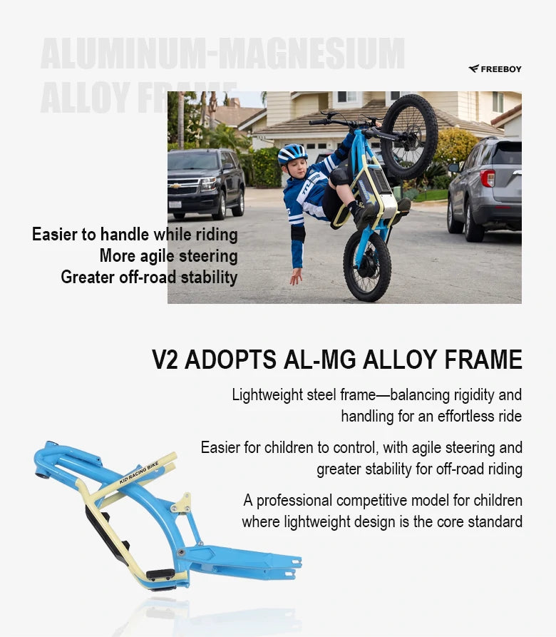 Child riding a V2 e dirt bike with aluminum-magnesium alloy (AL-MG) frame highlighting material features