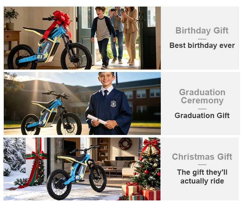 Children's bike with a large red bow, displayed in various settings with text indicating different occasions.