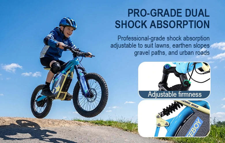 Child riding a blue V2 e dirt bike in mid-air on a clear day, with text highlighting pro-grade dual shock absorption and side view showing vehicle details