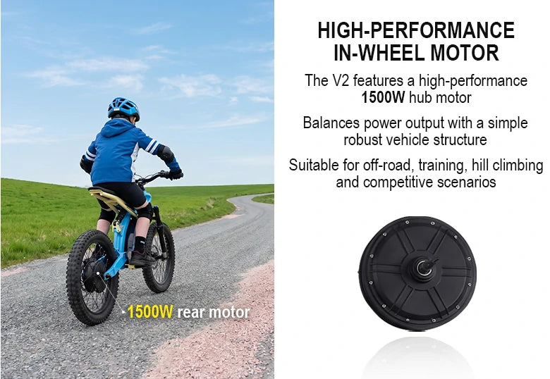 Child riding a V2 bike with 1500W high-performance in-wheel hub motor on a road with text highlighting motor features
