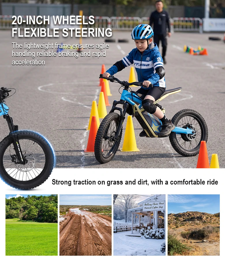 Child riding a V2 balance bike with 20-inch tires, showing strong grip on grass, mud, snow, and sand with traffic cones on a road